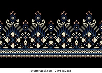 Floral knitted design pattern on black background vector illustration.knitted embroidery,geometric ethnic pattern traditional.knitted oriental pattern.design for texture,fabric,clothing,decoration.