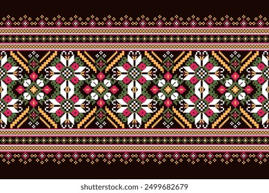 Floral knitted design pattern on black background vector illustration.knitted embroidery,geometric ethnic pattern traditional.knitted oriental pattern.design for texture,fabric,clothing,decoration