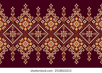 Patrón de diseño de punto floral sobre fondo marrón Ilustración vectorial. bordado de punto, patrón étnico geométrico tradicional. patrón oriental de punto. diseño para textura, tela, ropa, decoración.