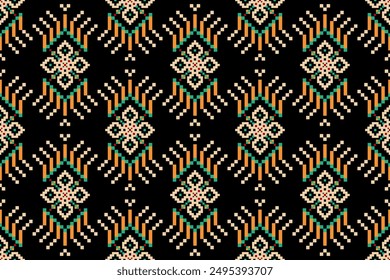 Diseño de punto floral patrón sin fisuras sobre fondo negro Ilustración vectorial.bordado de punto, patrón étnico geométrico tradicional.patrón oriental de punto.design para textura, tela, ropa, impresión