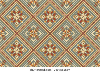 Floral knitted design seamless pattern on green background vector illustration.knitted embroidery,geometric ethnic pattern traditional.knitted oriental pattern.design for texture,fabric,clothin,print.