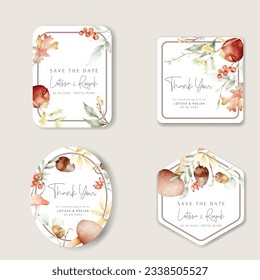 floral label with apple and mushroom watercolor