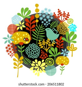 Floral label with birds and bugs. Vector female illustration. 