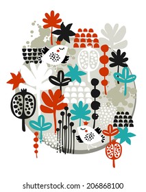 Floral label with birds in crown. Vector female illustration. 