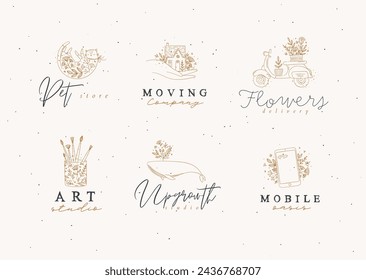 Floral labels house, cat, whale, glass with brushes, smartphone, scooter with lettering drawing in hand-drawing style on beige background