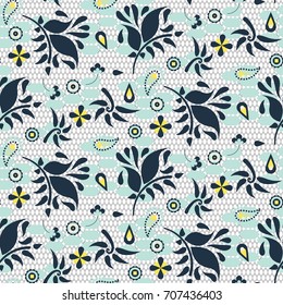 Floral lace blue mesh vector seamless pattern. Flower dots and leaves stylish mesh texture for dress, textile and fabric print.