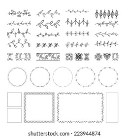 Floral and lace design elements set, ornamental vintage frames with circles. Page decoration. Isolated on white background. Can use for birthday card, wedding invitations. Vector floral set.