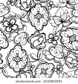 Floral lace embroidery exotic orchid rose traditional flowers and leaves, folk ethnic stylized. Hand drawn ink vector illustration. Seamless banner isolated on white. Design scrapbooking, wallpaper.