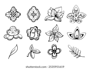 Floral lace embroidery exotic orchid rose traditional flowers and leaves, folk ethnic stylized. Hand drawn ink vector isolated illustration set. Travel, paper, scrapbooking, wedding design, decoupage
