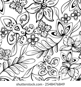 Floral lace embroidery exotic orchid rose traditional flowers and leaves. Hand drawn ink vector illustration, folk ethnic stylized. Seamless pattern isolated on white. Design scrapbooking, wallpaper.