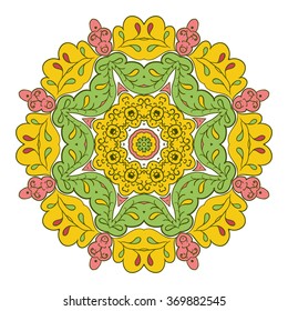 Floral lace motifs. Mandala. Zentangl relaxation. Hand drawn background. Yellow and green colors