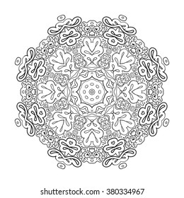 Floral lace motifs. Mandala. Zentangl relaxation. Hand drawn background. Ethnic, national image. Coloring