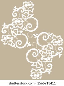 Floral lace pattern. White wedding lace with flowers and swirls. Hand drawn isolated lace pattern.