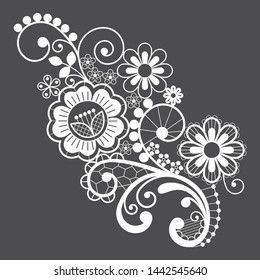 Floral lace vector single design, ornamental pattern with roses, flowers and swirls, detailed lace motif. 
Retro style background embroidery, white decoration inspired by French and English lace art

