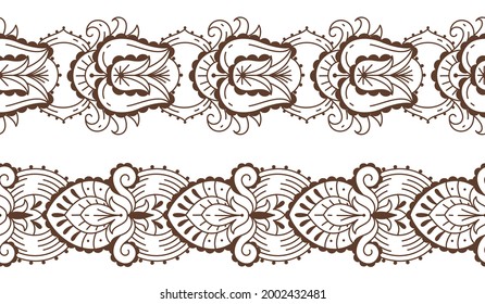 Floral laces mehndi. Henna tattoo. Oriental seamless borders with natural elements. Ethnic line ornaments. Brown color mandalas design. Vector Indian traditional body decorations set