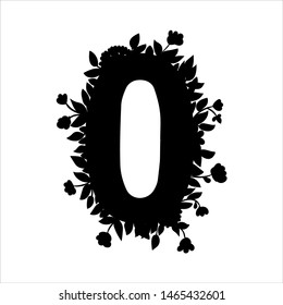 Floral lacy number zero with flowers, leaves and herbal details. Black silhouette. Graphic design element for stickers, scrapbook, greeting cards, phappy birthday invitations, oster, advertisement