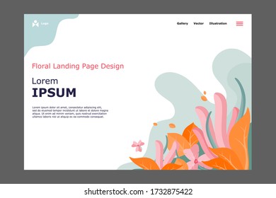 Floral Landing Page Template Design, Site Banner and Leaves Vector Background Free