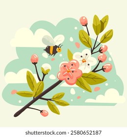 Floral landscape of a branch with flowers, leaves and a bee. Sakura buds in the wind surrounded by spring clouds and warm vibes.