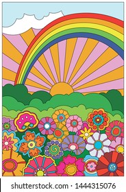 Floral Landscape Psychedelic Art, 1960s, 1970s Hippie Hand Drawn Style Poster, Cover