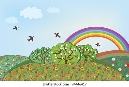 Floral landscape with rainbow cartoon