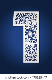 Floral laser cut letter number one with botanical pattern. Secret garden wedding decoration number 1. Fancy alphabet figures with spring ornament.