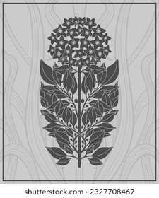 Floral laurel flower in art nouveau 1920-1930. Hand drawn tulip in a linear style with weaves of lines, leaves and flowers. Vector illustration.