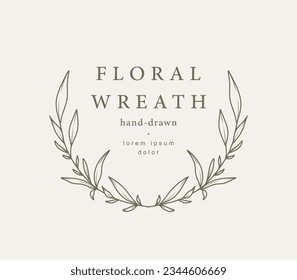 Floral laurel frame. Logo template with branches and leaves. Hand drawn botanical trendy vector illustration for labels, 
branding business identity, wedding invitation 