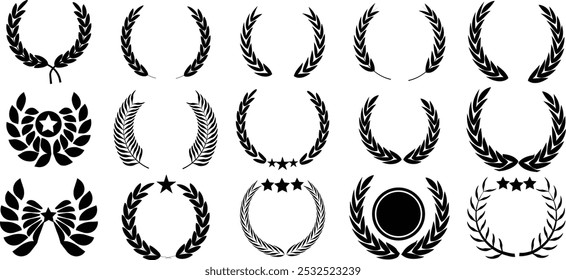 Floral laurel wreath Set of wreath, wheat element for winner, award, champion. Tree branch wreath