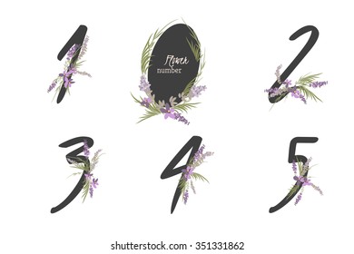 Floral lavender collection numbers in vintage color. One, two, three, four, five - signs vector
