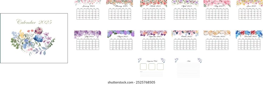 Floral and Leaf Beautiful in pastel, Vintage, Kawaii Style Calendar 2025 Flower Theam Horizontal Design , Week Start on Sunday