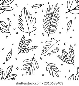 Floral leaf and branch seamless pattern. Line art monochrome vector illustration. Isolated on white background.