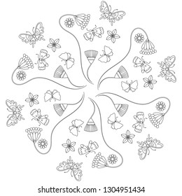 Floral, leaf and butterfly pattern for coloring book. Ethnic, floral, retro, doodle, vector, tribal design element. Butterfly and flower clean design Vintage decorative ornament.