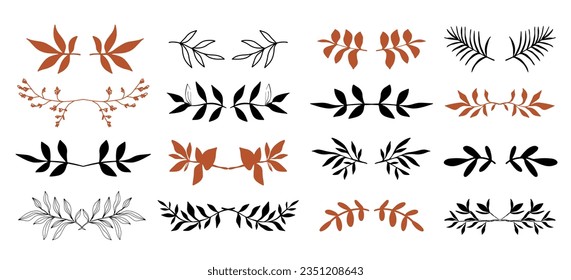 Floral leaf dividers set. Hand drawn branches border elements collection isolated on white. Vintage decorative shapes for wedding invitations