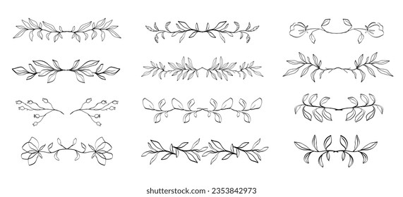 Floral leaf dividers set. Hand drawn branches border elements collection isolated on white. Vintage decorative shapes for wedding invitations