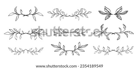 Floral leaf dividers set. Hand drawn branches border elements collection isolated on white. Vintage decorative shapes for wedding invitations