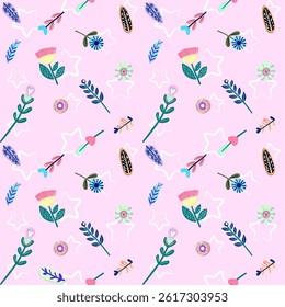 Floral, Leaf, and Feather Pattern on Pink Background