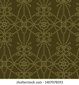 Floral Leaf Motif Running Stitch Style. Victorian Needlework Seamless Vector Pattern. Hand Stitch Ornamental Brocade Textile Print. Old Green Antique Handicraft Home Decor. Embroidery Quilt Template.