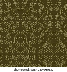 Floral Leaf Motif Running Stitch Style. Victorian Needlework Seamless Vector Pattern. Hand Stitch Ornamental Brocade Textile Print. Old Green Antique Handicraft Home Decor. Embroidery Quilt Template.