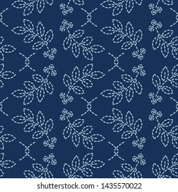 Floral leaf motif sashiko style japanese needlework pattern. Hand stitch indigo blue line texture textile print. Classic Japan decor, Asian backdrop. Simple kimono quilting template. Seamless vector