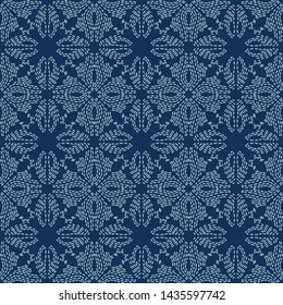 Floral Leaf Motif Sashiko Style Japanese Needlework Pattern. Hand Stitch Indigo Blue Line Texture Textile Print. Classic Japan Decor, Asian Backdrop. Simple Kimono Quilting Template. Seamless Vector