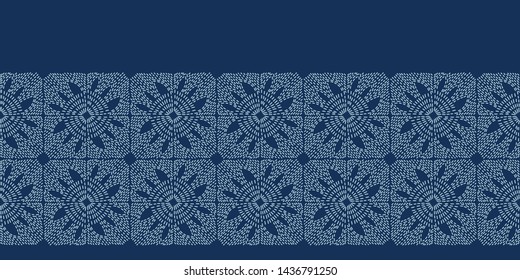 Floral leaf motif sashiko style japanese needlework border pattern. Hand stitch indigo blue line ribbon banner. Classic Japan decor. Asian washi tape. Simple kimono quilting template. Seamless vector