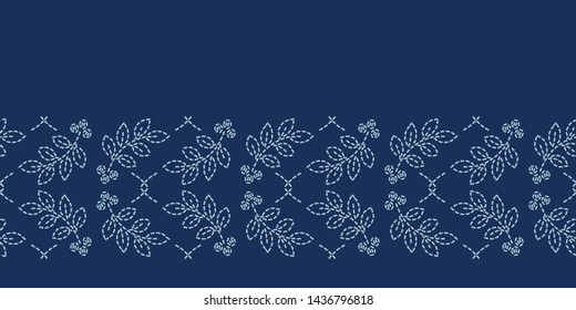 Floral leaf motif sashiko style japanese needlework border pattern. Hand stitch indigo blue line ribbon banner. Classic Japan decor. Asian washi tape. Simple kimono quilting template. Seamless vector
