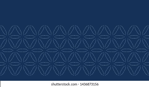 Floral Leaf Motif Sashiko Style Japanese Needlework Border Pattern. Hand Stitch Indigo Blue Line Ribbon Banner. Classic Japan Decor. Asian Washi Tape. Simple Kimono Quilting Template. Seamless Vector