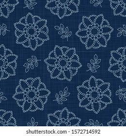 Floral Leaf Motif Sashiko Style Japanese Needlework Seamless Vector Pattern. Hand Stitch Indigo Blue Line Texture for Textile Print, Classic Japan Decor, Asian Backdrop or Kimono Quilting Template.