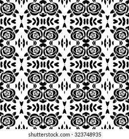 Floral and leaf nature pattern. Hand painted vector seamless pattern with ethnic and tribal motifs, zigzag lines, brushstrokes and splatters of paint in multiple bright colors. 