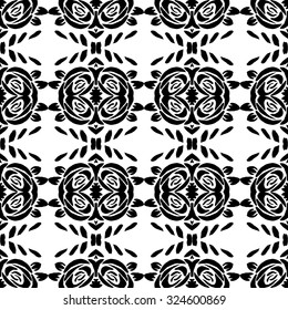 Floral and leaf nature pattern. Hand painted vector seamless pattern with ethnic and tribal motifs, zigzag lines, brushstrokes and splatters of paint in monochrome colors. Vector illustration.