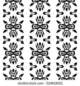 Floral and leaf nature pattern. Hand painted vector seamless pattern with ethnic and tribal motifs, zigzag lines, brushstrokes and splatters of paint in monochrome colors. Vector illustration.