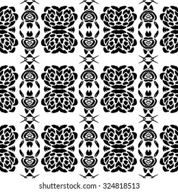 Floral and leaf nature pattern. Hand painted vector seamless pattern with ethnic and tribal motifs, zigzag lines, brushstrokes and splatters of paint in monochrome colors. Vector illustration.