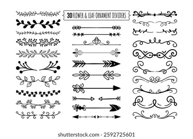 Floral and Leaf Ornament Dividers.  Hand-drawn vine decorations, elegant floral dividers, and intricate leaf ornaments. Ink  flourishes, arrow embellishments, Victorian-style doodles.