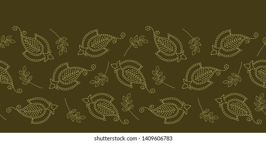 Floral leaf paisley motif running stitch border. Victorian needlework seamless vector pattern. Hand stitched boteh foulard textile ribbon trim. Old green handicraft decor. Embroidery quilt template.